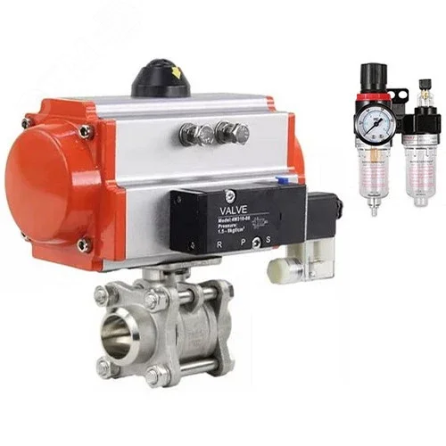 Изображение товара Кран шаровой КШПП 316.200-ISO Ду20 Ру63, полнопроходной под приварку, нержавеющая сталь SS316, уплотнение PTFE, пневмопривод DA-052 двойного действия, пневмораспределитель PND2-S1EM-52-1NC-J08-220VAC, с БПВ APU1-10-40-V08 (шт)