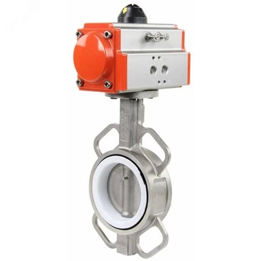 Изображение товара Затвор дисковый поворотный 316L-316L-PTFE Ду50 Ру16, корпус и диск нержавеющая сталь 316L, уплотнение PTFE, с пневмоприводом PA-DA-083 двойного действия (шт)