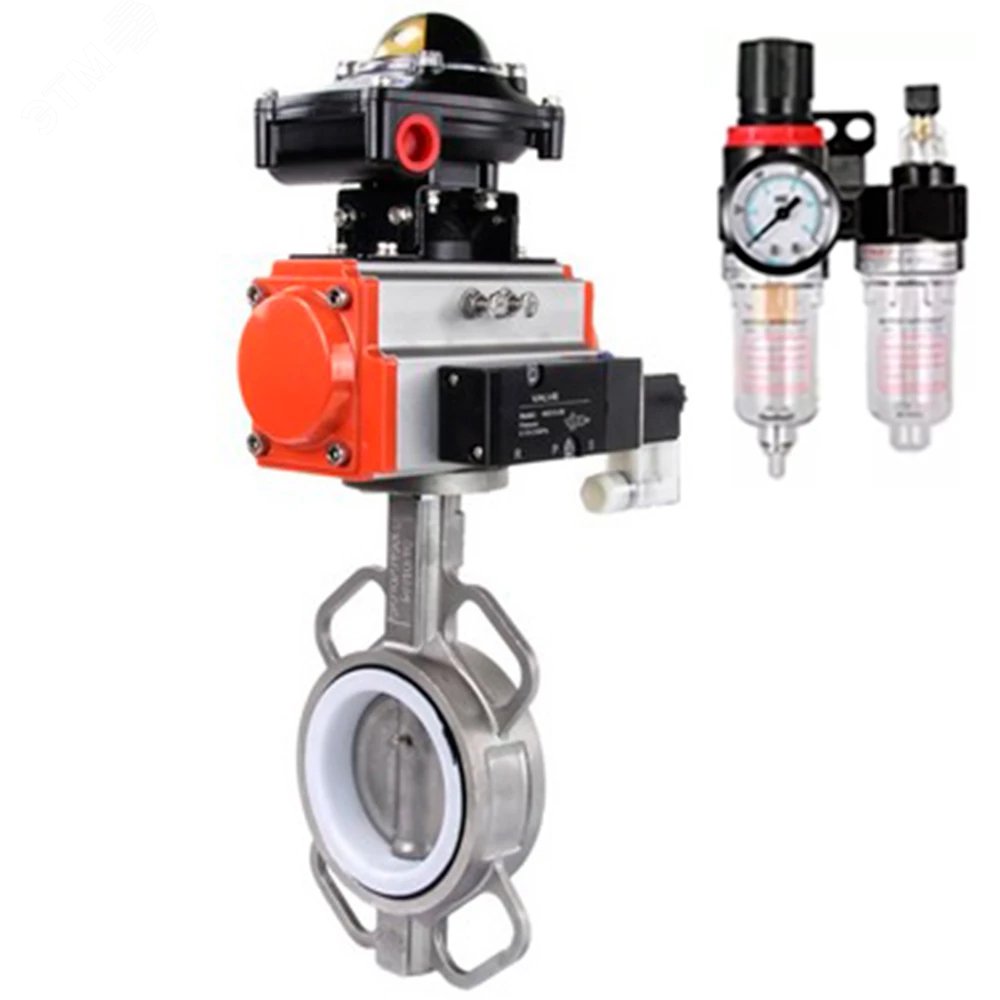 Изображение товара Затвор дисковый поворотный 304-304-PTFE-2W-Fb-H Ду100 Ру16, нержавеющая сталь 304, уплотнение PTFE, с пневмоприводом SA-130, пневмораспределителем PND2-S1EM-52-1NC-J08-220VAC, БКВ LSB-210-02NM12-220/24 и БПВ APU1-10-40-V08 (шт)