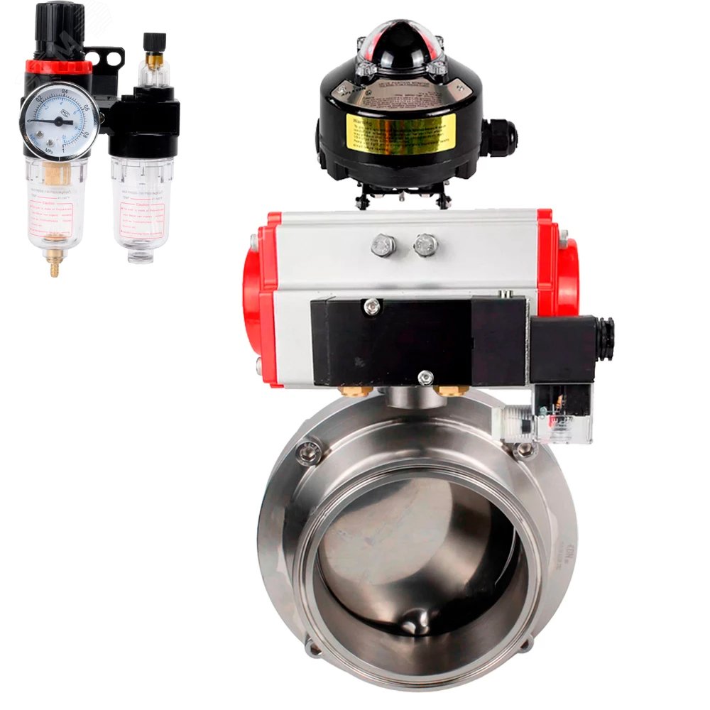 Изображение товара Затвор дисковый поворотный 304-304-Sil-2W-T-H Ду15 Ру10 резьбовой, пищевая нержавеющая сталь 304, уплотнение – Silicon, с пневмоприводом DA-052, пневмораспределитель PND2-S1EM-52-1NC-J08-24VDC, БКВ LSB-510-02ExM12-250 и БПВ APU1-10-40-V08 (шт)