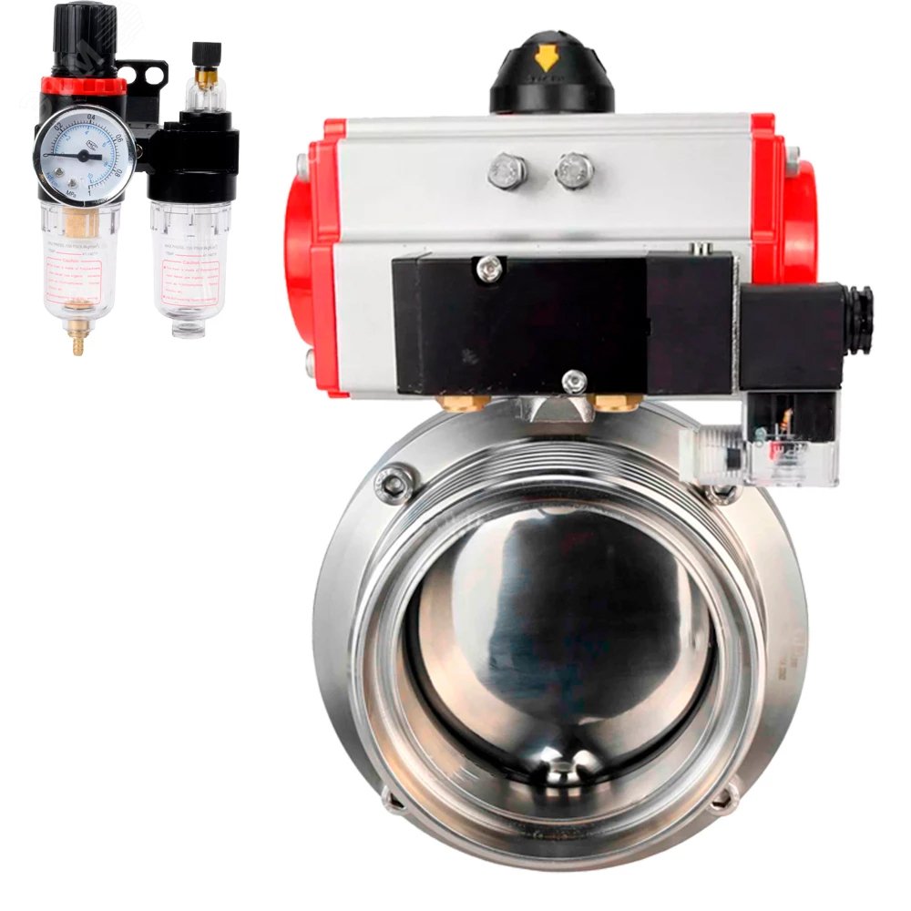 Изображение товара Затвор дисковый поворотный 304-304-Sil-2W-T-H Ду100 Ру10 пищевая нержавеющая сталь 304, уплотнение Silicon, с пневмоприводом SA-083, пневмораспределителем PND2-S1EM-52-1NC-J08-220VAC и БПВ APU1-10-40-V08 (шт)