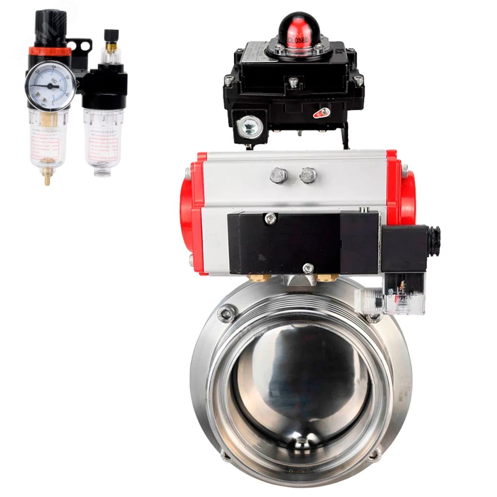 Изображение товара Затвор дисковый поворотный 304-304-EPDM-2W-T-H Ду40 Ру10 пищевая нержавеющая сталь 304, уплотнение EPDM, с пневмоприводом DA-065, пневмораспределителем PND2-S1EM-52-1NC-J08-24VDC, БКВ LSB-410-02ExM12-250 и БПВ APU1-10-40-V08 (шт)