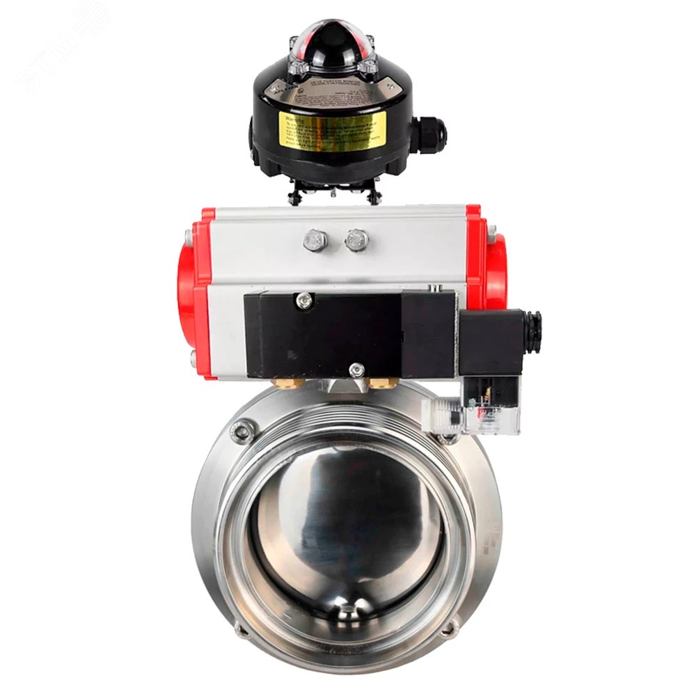 Изображение товара Затвор дисковый поворотный 304-304-EPDM-2W-T-H Ду15 Ру10 пищевая нержавеющая сталь 304, уплотнение EPDM, с пневмоприводом SA-065, пневмораспределителем PND2-S1EM-52-1NC-J08-24VDC и БКВ LSB-510-02ExM12-250 (шт)