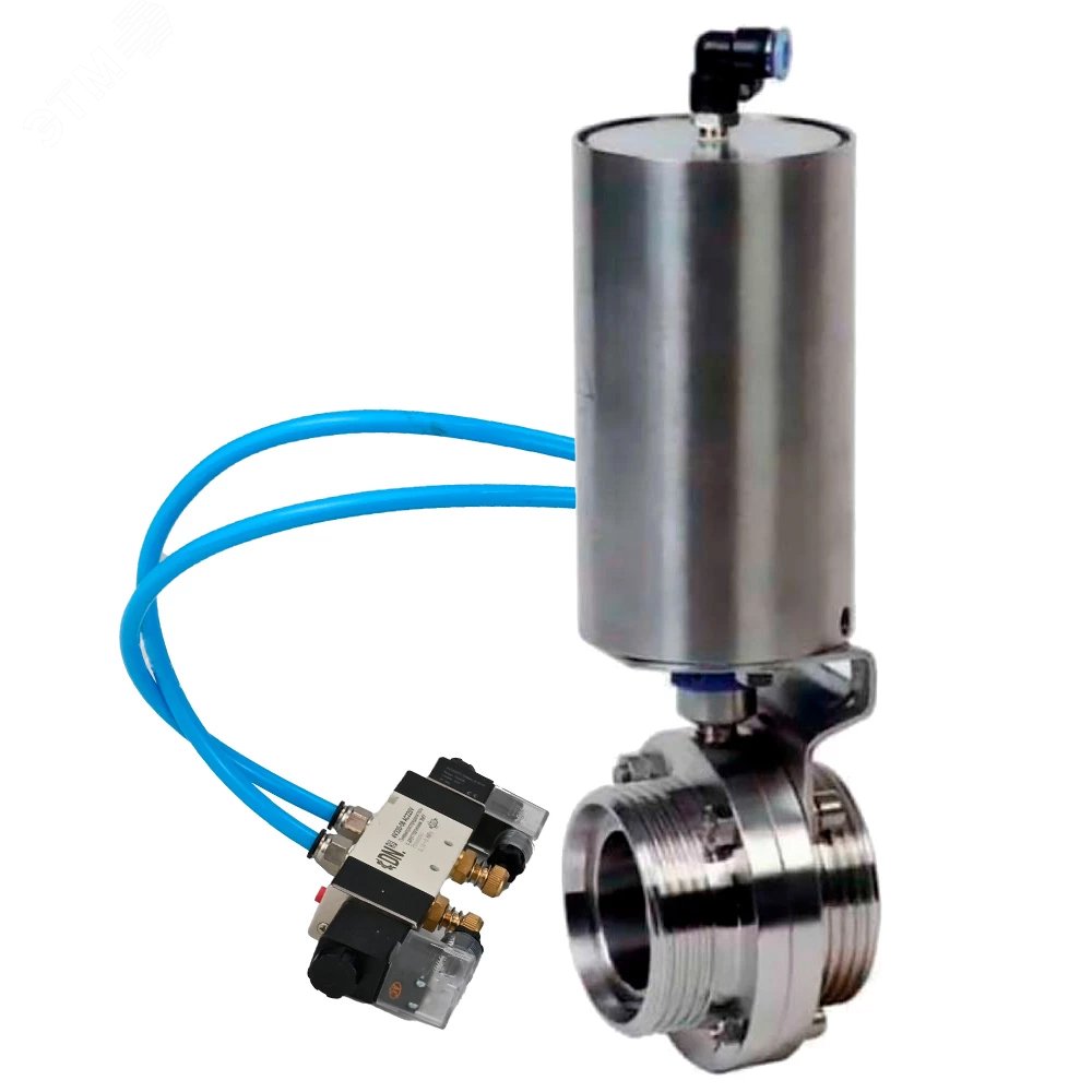 Изображение товара Затвор дисковый поворотный 304-304-EPDM-2W-T-H Ду15 Ру10 пищевая нержавеющая сталь 304, уплотнение EPDM, с пневмоприводом ПВП-85 и пневмораспределителем PND1-S2EM-52-2-T08-220VAC (шт)