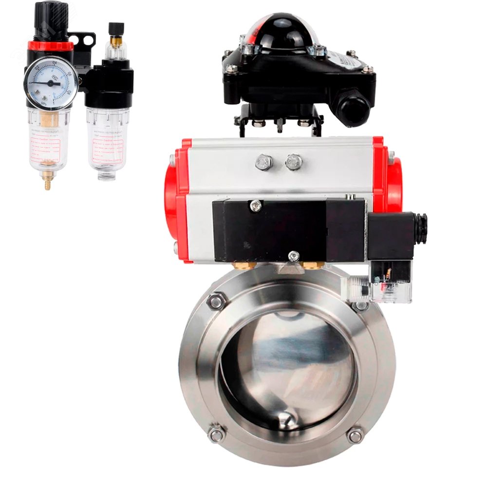 Изображение товара Затвор дисковый поворотный 304-304-EPDM-2W-W-H Ду80 Ру10 под приварку, пищевая нержавеющая сталь 304, уплотнение – EPDM, пневмопривод DA-052, пневмораспределитель PND2-S1EM-52-1NC-J08-220VAC, БКВ LSB-210-02NM12-220/24 и БПВ APU1-10-40-V08 (шт)