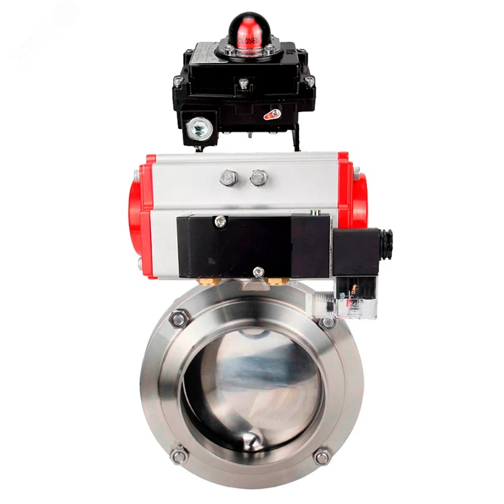 Изображение товара Затвор дисковый поворотный 304-304-EPDM-2W-W-H Ду15 Ру10 пищевая нержавеющая сталь 304, уплотнение EPDM, с пневмоприводом DA-065, пневмораспределителем PND2-S1EM-52-1NC-J08-220VAC и БКВ LSB-410-02ExM12-250 (шт)