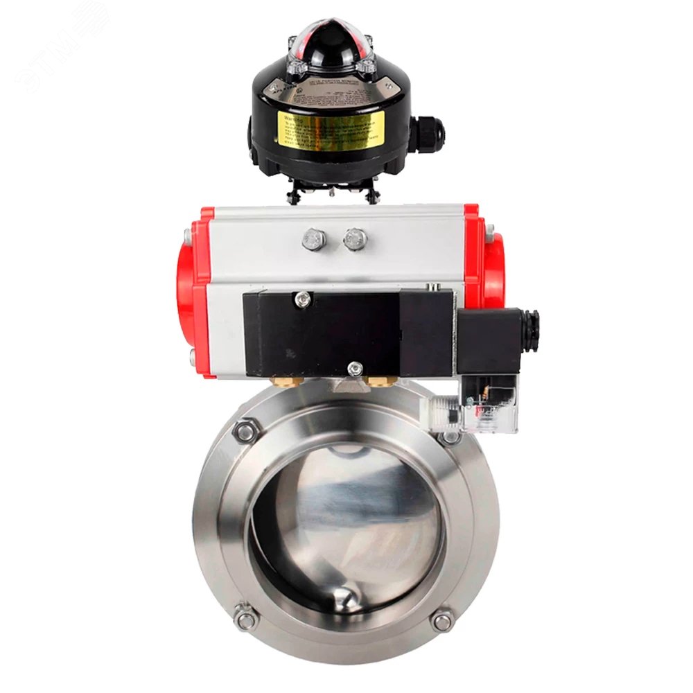 Изображение товара Затвор дисковый поворотный 304-304-EPDM-2W-W-H Ду25 Ру10 пищевая нержавеющая сталь 304, уплотнение EPDM, с пневмоприводом DA-065, пневмораспределителем PND2-S1EM-52-1NC-J08-220VAC и БКВ LSB-510-02ExM12-250 (шт)