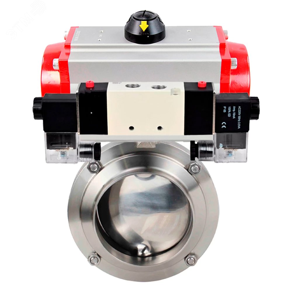 Изображение товара Затвор дисковый поворотный 304-304-Sil-2W-W-H Ду20 Ру10 пищевая нержавеющая сталь 304, уплотнение Silicon, с пневмоприводом SA-065 и пневмораспределителем PND1-S2EM-52-2-T10-220VAC (шт)