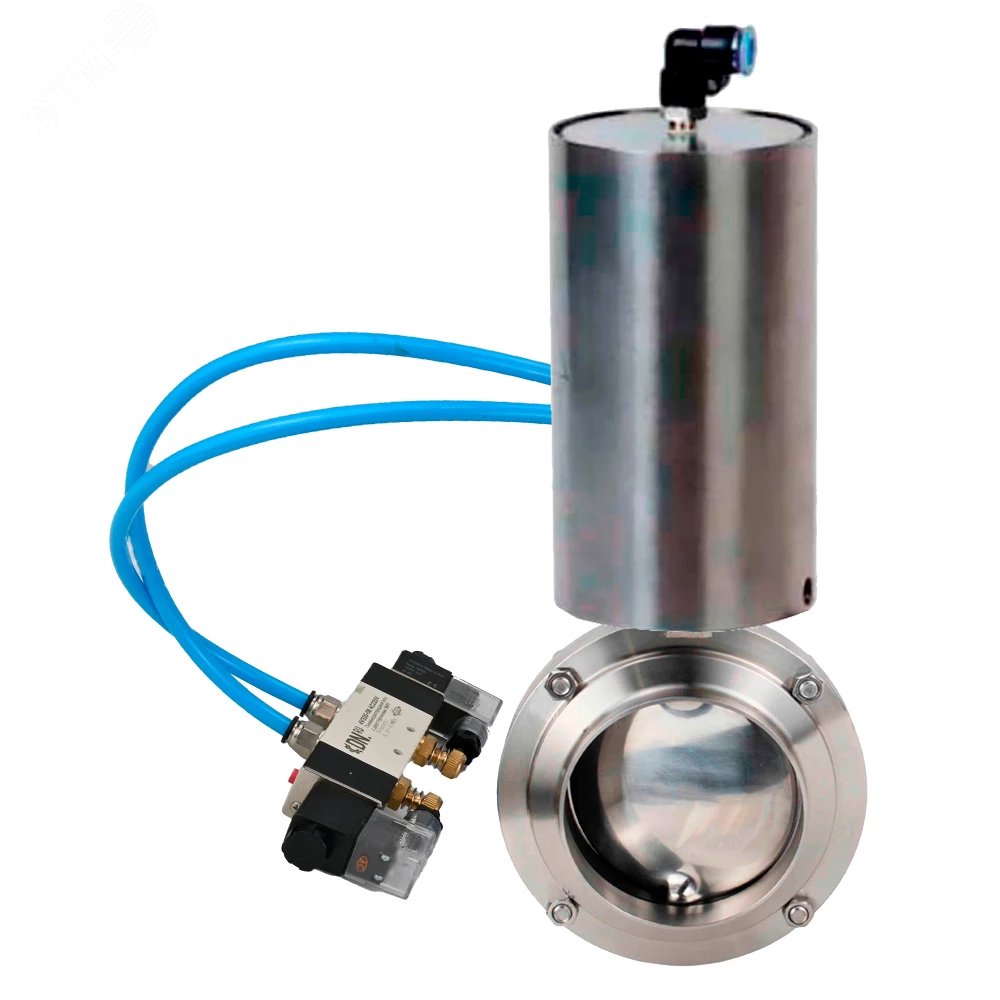 Изображение товара Затвор дисковый поворотный 304-304-Sil-2W-W-H Ду40 Ру10 пищевая нержавеющая сталь 304, уплотнение Silicon, с пневмоприводом ПВП-85 и пневмораспределителем PND1-S2EM-52-2-T08-220VAC (шт)