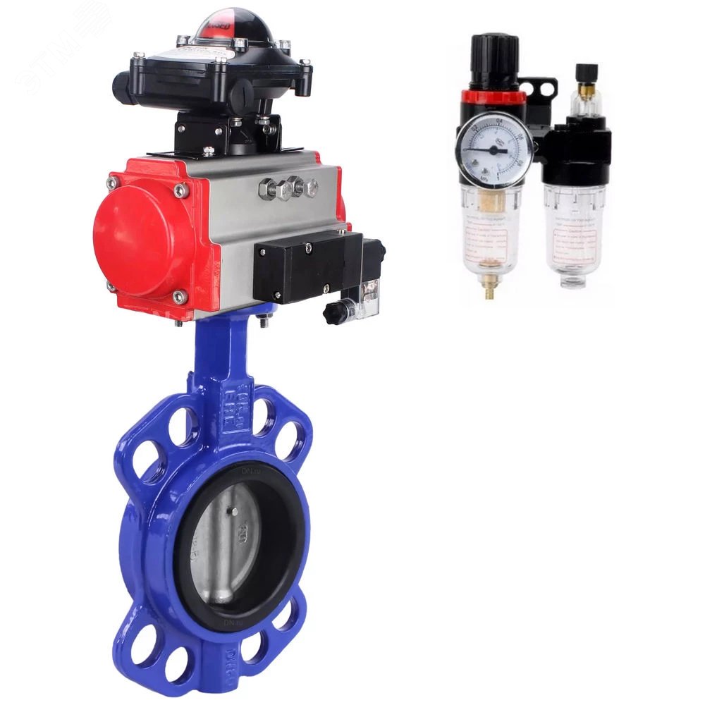 Изображение товара Затвор дисковый поворотный WCB-316-EPDM-2W-Fb Ду150 Ру16, корпус углеродистая сталь WCB, уплотнение EPDM, с пневмоприводом SA-130, с пневмораспределителем PND1-S2EM-52-2-T10-220VAC, БКВ LSB-210-02NM12-220/24, БПВ APU1-10-40-V08 (шт)