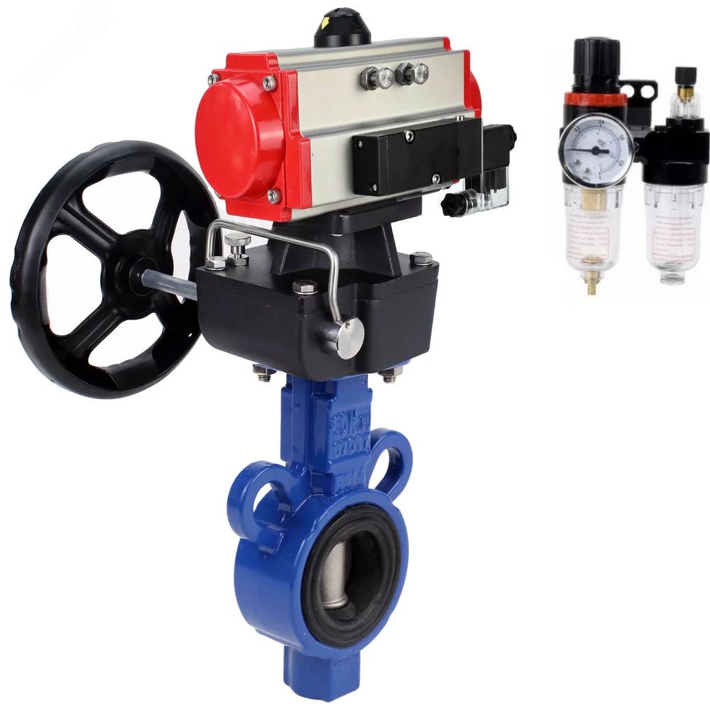 Изображение товара Затвор дисковый поворотный AL-316L-EPDM Ду25 Ру16 с пневмоприводом и ручным дублером