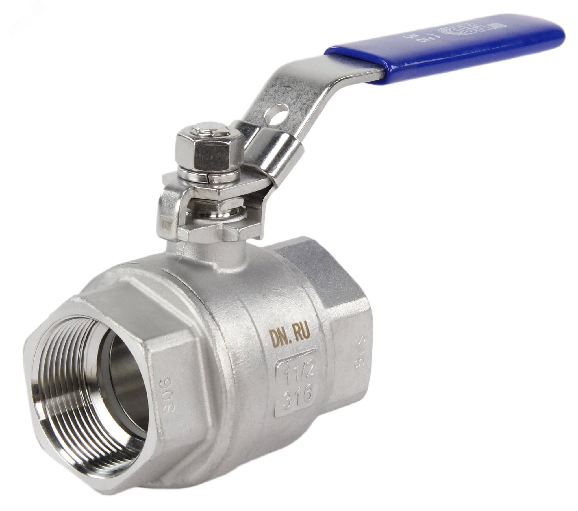 Изображение товара Кран шаровой КШМП.316.230 1 1/2'' Ду40 Ру63 полнопроходной двухходовой, нержавеющая сталь SS316, внутренняя резьба, уплотнение PTFE, ручка-рычаг (шт)