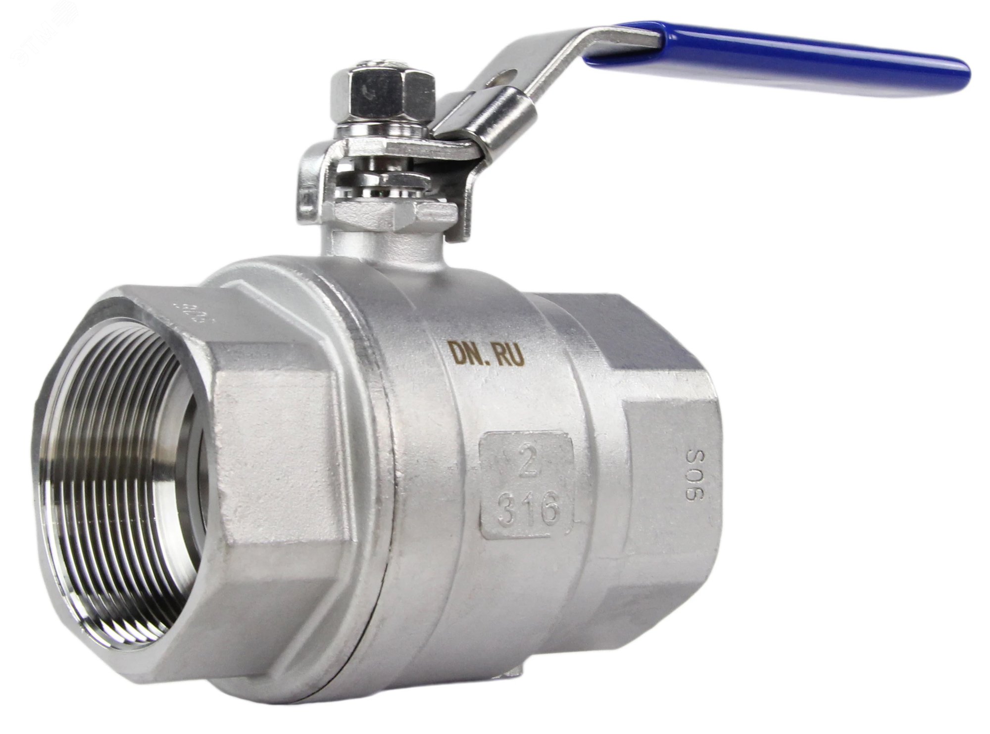 Изображение товара Кран шаровой КШМП.316.230 2'' Ду50 Ру63 полнопроходной двухходовой, нержавеющая сталь SS316, внутренняя резьба, уплотнение PTFE, ручка-рычаг (шт)