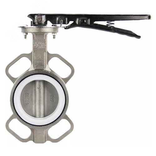 Изображение товара Затвор дисковый поворотный 316L-316L-PTFE Ду65 Ру16 корпус и диск нержавеющая сталь 316L, уплотнение PTFE, с рукояткой, квадрат 9х9, F05 (шт)