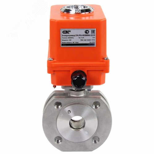Изображение товара Кран шаровой КШмФП.316.200 Ду25 Ру16 полнопроходной двухходовой, нержавеющая сталь 316, межфланцевый, уплотнение PTFE, электропривод 003 MINI 220В (шт)