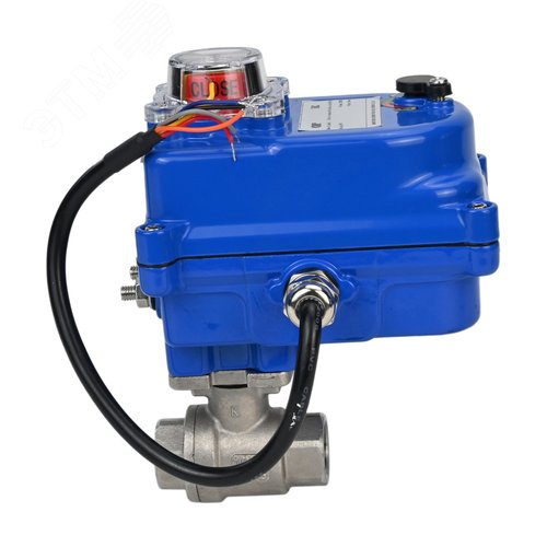 Изображение товара Кран шаровой КШМП.316.230-ISO Ду20 Ру63 полнопроходной двухходовой, нержавеющая сталь SS316, внутренняя резьба, уплотнение PTFE, четвертьоборотный электропривод 003 blue 24В (шт)