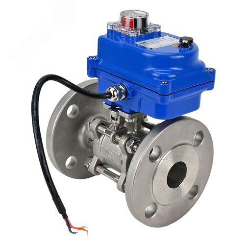 Изображение товара Кран шаровой КШФПТ-ISO.304.180 Ду32 Ру40 полнопроходной трехсоставной, нержавеющая сталь SS304, фланцевый, уплотнение PTFE, электропривод 003 blue 24В (шт)