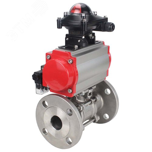 Изображение товара Кран шаровой КШФПТ.316.180 Ду25 Ру40, трехсоставной полнопроходной фланцевый, нержавеющая сталь SS316, PTFE, пневмопривод SA-083 с возвратными пружинами, пневмораспределитель PND2-S1EM-52-1NC-J08-24VDC, с БКВ LSB-210-02NM12-220/24 (шт)