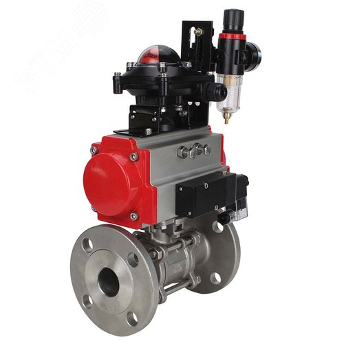 Изображение товара Кран шаровой КШФПТ.304.180 Ду15 Ру40, трехсоставной полнопроходной фланцевый, нержавеющая сталь SS304, PTFE, пневмопривод DA-052, пневмораспределитель PND2-S1EM-52-1NC-J08-24VDC, с БКВ LSB-210-02NM12-220/24, с БПВ APU1-10-40-V08 (шт)