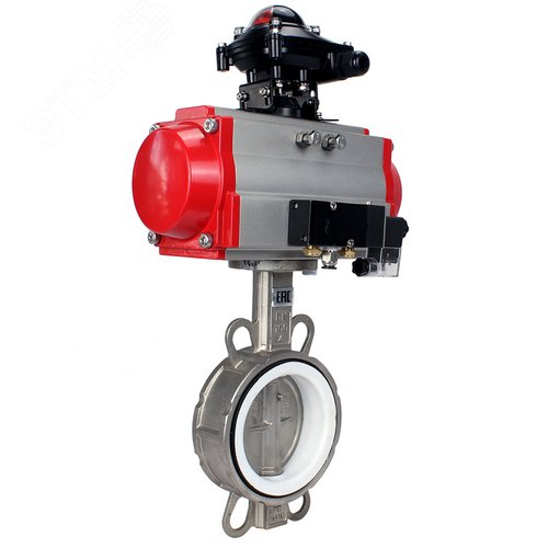 Изображение товара Затвор дисковый поворотный 316L-316L-PTFE Ду100 Ру16, корпус и диск нержавеющая сталь 316L, уплотнение PTFE, пневмопривод DA-105, пневмораспределитель PND2-S1EM-52-1NC-J08-220VAC, с БКВ LSB-210-02NM12-220/24 (шт)