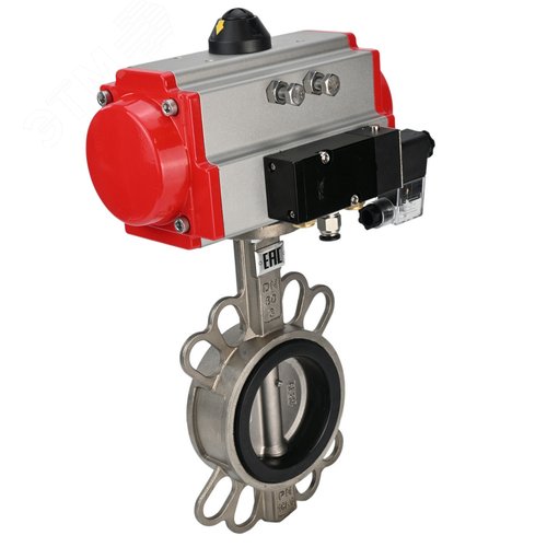 Изображение товара Затвор дисковый поворотный 316L-316L-PTFE Ду50 Ру16, корпус и диск нержавеющая сталь 316L, уплотнение PTFE, с пневмоприводом SA-105 и пневмораспределителем PND2-S1EM-52-1NC-J08-220VAC (шт)