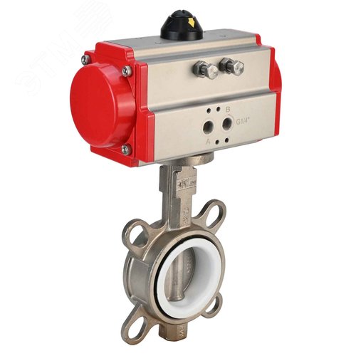 Изображение товара Затвор дисковый поворотный 316L-316L-PTFE Ду50 Ру16, корпус и диск нержавеющая сталь 316L, уплотнение PTFE, с пневмоприводом PA-DA-083 двойного действия (шт)