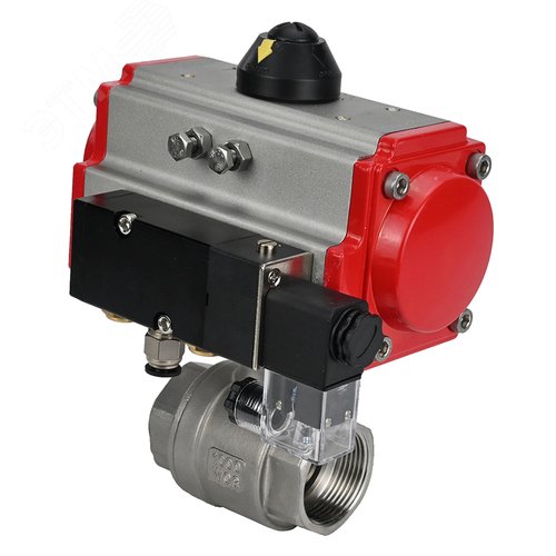 Изображение товара Кран шаровой КШМП.316.230-ISO Ду25 Ру63 полнопроходной двухходовой, нержавеющая сталь SS316, внутренняя резьба, уплотнение PTFE, пневмопривод SA-065 с возвратными пружинами, пневмораспределитель PND2-S1EM-52-1NC-J08-24VDC (шт)