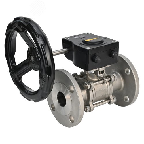 Изображение товара Кран шаровой КШФПТ-ISO.316.180 Ду15 Ру40 трехсоставной из нержавеющей стали SS316, уплотнение PTFE, фланцевый, полнопроходной ISO-фланец, редуктор HGBF-1 с индикатором положения и датчиком обратной связи (шт)