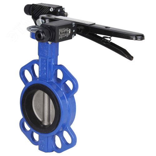 Изображение товара Затвор дисковый поворотный WCB-316L-NBR Ду150 Ру16 корпус углеродистая сталь WCB, диск нержавеющая сталь 316L, уплотнение NBR, с рукояткой, с двумя концевыми датчиками LS-103-41NM2-250 и кронштейном для крепления концевых выключателей (шт)