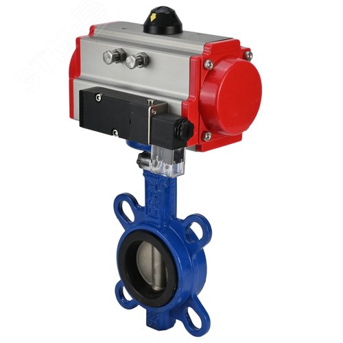 Изображение товара Затвор дисковый поворотный WCB-316L-VITON Ду125 Ру16, корпус углеродистая сталь WCB, диск нержавеющая сталь 316L, уплотнение Viton, с пневмоприводом DA-083 двойного действия, с пневмораспределителем PND2-S1EM-52-1NC-J08-220VAC (шт)