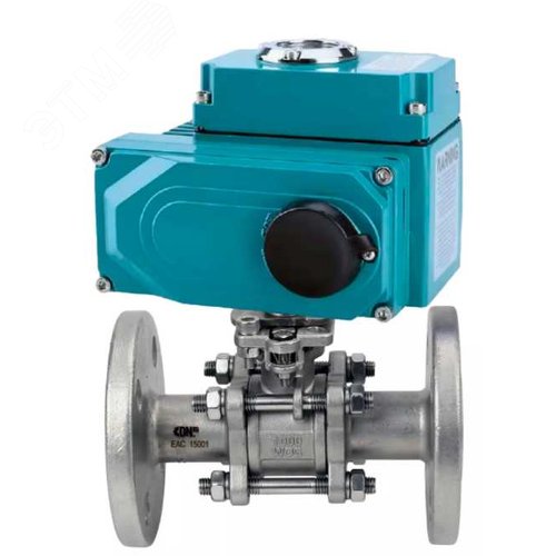 Изображение товара Кран шаровой КШФПТ.304.180 Ду32 Ру40 трехсоставной, полнопроходной, фланцевый, корпус нержавеющая сталь SS304, уплотнение PTFE, 1/4-оборотный электропривод QT2-003-24VDC 24В (шт)