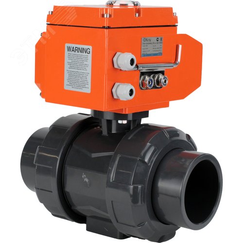 Изображение товара Кран шаровой НПВХ-НПВХ-E-FP-GRM-ISO Дн65 Ру10 полнопроходной, клеевой с разборным муфтовым соединением, корпус НПВХ, шар НПВХ, уплотнение EPDM, с электроприводом Q-003 220В (шт)
