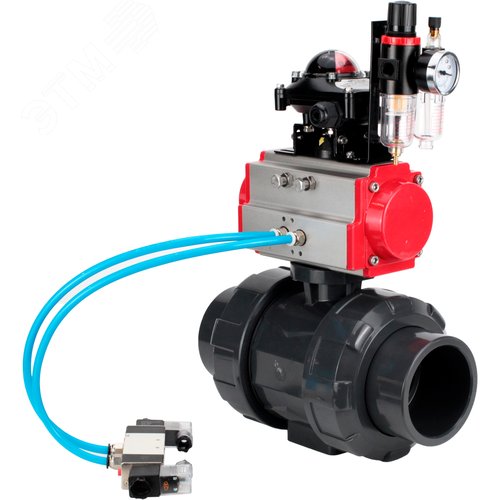 Изображение товара Кран шаровой НПВХ-НПВХ-E-FP-GRM-ISO Дн65 Ру10 полнопроходной, корпус НПВХ, шар НПВХ, уплотнение EPDM, с пневмоприводом DA-065, пневмораспределителем PND1-S2EM-52-2-0-220VAC, БКВ LSB-210-02NM12-220/24 и БПВ APU1-10-40-V08 (шт)