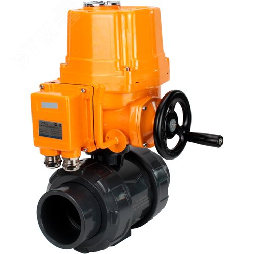 Изображение товара Кран шаровой НПВХ-НПВХ-E-FP-GRM-ISO Дн40 Ру10 полнопроходной, клеевой с разборным муфтовым соединением, корпус НПВХ, шар НПВХ, уплотнение EPDM, с электроприводом взрывозащищенным EX-010 24В (шт)
