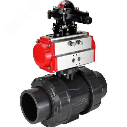 Изображение товара Кран шаровой НПВХ-НПВХ-E-FP-GRM-ISO Дн100 Ру10 полнопроходной, корпус НПВХ, шар НПВХ, уплотнение EPDM, с пневмоприводом SA-083 и БКВ LSB-210-02NM12-220/24 (шт)