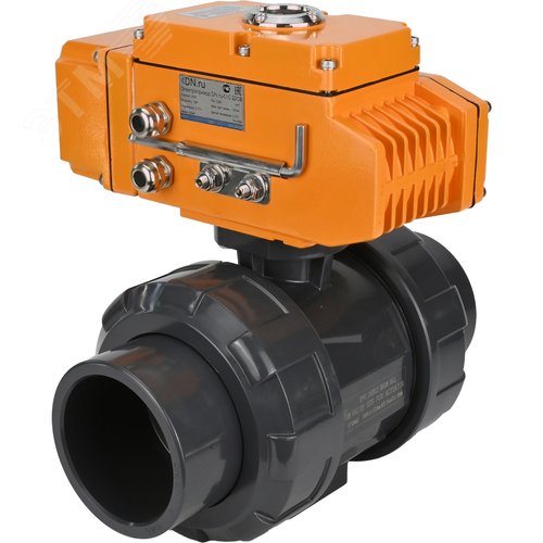 Изображение товара Кран шаровой НПВХ-НПВХ-E-FP-GRM-ISO Дн100 Ру10 полнопроходной, корпус НПВХ, шар НПВХ, уплотнение EPDM, с электроприводом Q005 220В (4-20мА) c датчиком обратной связи и входным управляющим сигналом 4-20мА (шт)