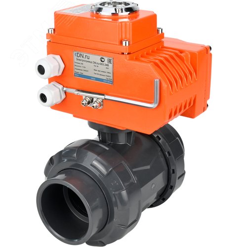 Изображение товара Кран шаровой НПВХ-НПВХ-E-FP-GRM-ISO Дн80 Ру10 полнопроходной, клеевой с разборным муфтовым соединением, корпус НПВХ, шар НПВХ, уплотнение EPDM, с электроприводом Q-003 24В (шт)
