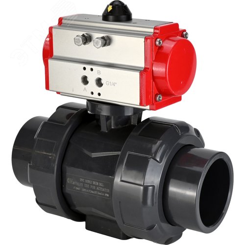 Изображение товара Кран шаровой НПВХ-НПВХ-E-FP-GRM-ISO Дн100 Ру10 полнопроходной, клеевой с разборным муфтовым соединением, корпус - UPVC (НПВХ), шар - UPVC (НПВХ), уплотнение - EPDM, с пневмоприводом SA-083 с возвратными пружинами (шт)