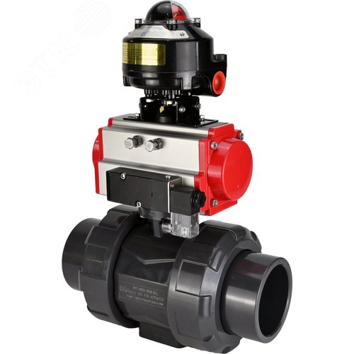 Изображение товара Кран шаровой НПВХ-НПВХ-E-FP-GRM-ISO Дн20 Ру10 полнопроходной, корпус НПВХ, шар НПВХ, уплотнение EPDM, с пневмоприводом DA-052, пневмораспределителем PND2-S1EM-52-1NC-J08-24VDC и БКВ LSB-510-02ExM12-250 (шт)
