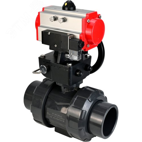Изображение товара Кран шаровой НПВХ-НПВХ-E-FP-GRM-ISO Дн20 Ру10 полнопроходной, корпус НПВХ, шар НПВХ, уплотнение EPDM, с пневмоприводом DA-052, пневмораспределителем PND2-S1EM-52-1NC-J08-220VAC и ручным дублером HDM-1 (шт)