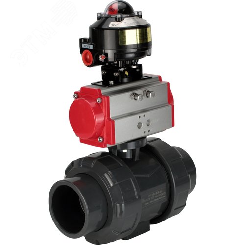 Изображение товара Кран шаровой НПВХ-НПВХ-E-FP-GRM-ISO Дн50 Ру10 полнопроходной, корпус НПВХ, шар НПВХ, уплотнение EPDM, с пневмоприводом DA-052 и БКВ LSB-510-02ExM12-250 (шт)