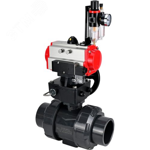 Изображение товара Кран шаровой НПВХ-НПВХ-E-FP-GRM-ISO Дн50 Ру10 полнопроходной, корпус НПВХ, шар НПВХ, уплотнение EPDM, с пневмоприводом DA-052, пневмораспределителем PND2-S1EM-52-1NC-J08-24VDC, ручным дублером HDM-1 и БПВ APU1-10-40-V08 (шт)