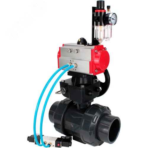 Изображение товара Кран шаровой НПВХ-НПВХ-E-FP-GRM-ISO Дн40 Ру10 полнопроходной, корпус НПВХ, шар НПВХ, уплотнение EPDM, с пневмоприводом DA-052, пневмораспределителем PND1-S2EM-52-2-0-220VAC, ручным дублером HDM-1 и БПВ APU1-10-40-V08 (шт)