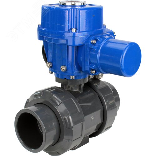 Изображение товара Кран шаровой НПВХ-НПВХ-E-FP-GRM-ISO Дн100 Ру10 полнопроходной, корпус НПВХ, шар НПВХ, уплотнение EPDM, с электроприводом QW (M)-005 220В с моментной муфтой и штурвалом (шт)