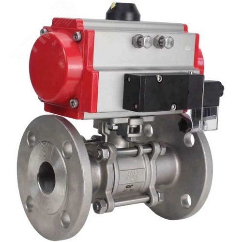 Изображение товара Кран шаровой КШФПТ 304.180 Ду50 Ру40 фланцевый, полнопроходной, трехсоставной, корпус нержавеющая сталь 304, уплотнение PTFE, с пневмоприводом DA-065 и пневмораспределителем PND2-S1EM-52-1NC-J08-24VDC (шт)