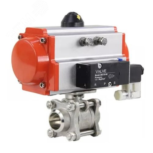 Изображение товара Кран шаровой КШПП 316.200-ISO Ду80 Ру25 полнопроходной двухходовой, корпус нержавеющая сталь SS316, под приварку, уплотнение PTFE, с пневмоприводом PA-SA-130 и пневмораспределителем PND2-S1EM-52-1NC-J08-24VDC NAMUR (шт)