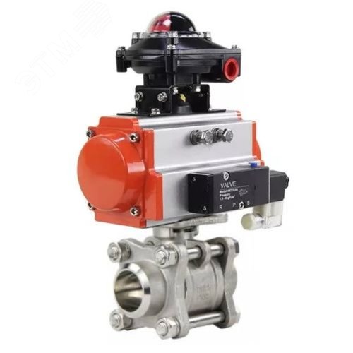 Изображение товара Кран шаровой КШПП 316.200-ISO Ду50 Ру40, полнопроходной под приварку, нержавеющая сталь SS316, уплотнение PTFE, с пневмоприводом DA-083, с пневмораспределителем PND2-S1EM-52-1NC-J08-24VDC, с БКВ LSB-210-02NM12-220/24 (шт)