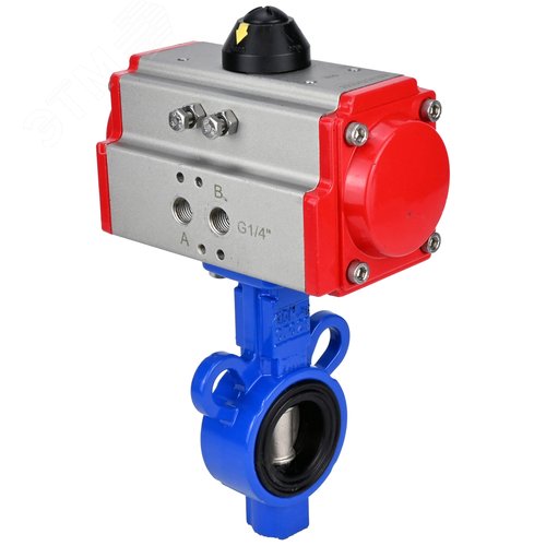 Изображение товара Затвор дисковый поворотный AL-316L-EPDM Ду32 Ру16 корпус алюминиевый сплав, диск нержавеющая сталь 316L, уплотнение EPDM, с пневмоприводом DA-065 двойного действия (шт)