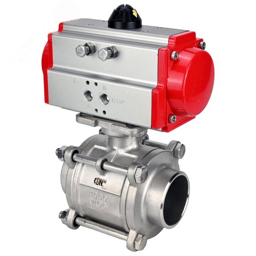 Изображение товара Кран шаровой 316-316-PTFE-FP-W-ISO-H WDVF Ду32 Ру63 полнопроходной, 3-составной, корпус нержавеющая сталь 316, уплотнение PTFE, под приварку, с пневмоприводом DA-052 (шт)