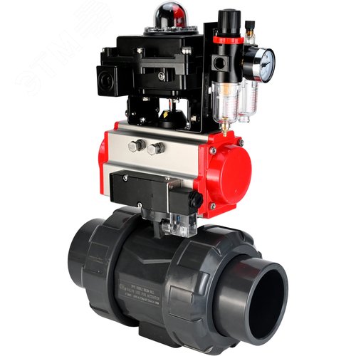 Изображение товара Кран шаровой НПВХ-НПВХ-E-FP-GRM-ISO Дн15 Ру10 полнопроходной, корпус НПВХ, шар НПВХ, уплотнение EPDM, с пневмоприводом DA-052, пневмораспределителем PND2-S1EM-52-1NC-J08-24VDC, БКВ LSB-410-02ExM12-250 и БПВ APU1-10-40-V08 (шт)